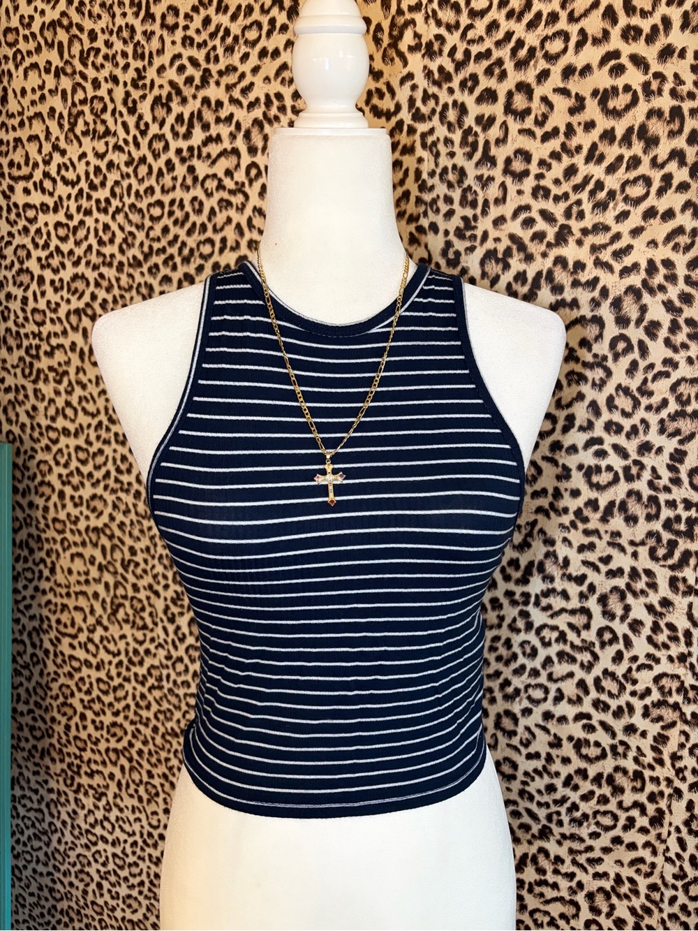 Hollister Navy and White Striped Ribbed Crop Tank